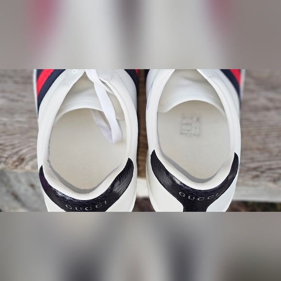 Like New - GUCCI ACE Navy/Red Web Leather Sneakers Mens7/Wmns 9 to 9.5. - Picture 6 of 16